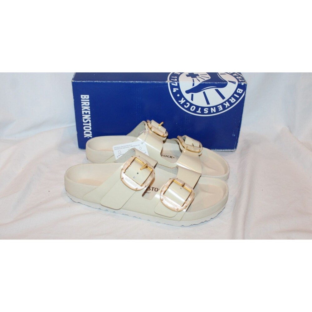 Birkenstock Arizona Big Buckle Shine Pearl Leather Sandals EU 38 N ECRU $280